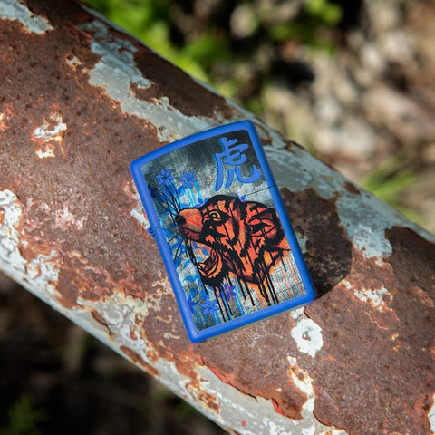 Lifestyle image of Royal Blue Colorful Tiger Design Windproof Lighter