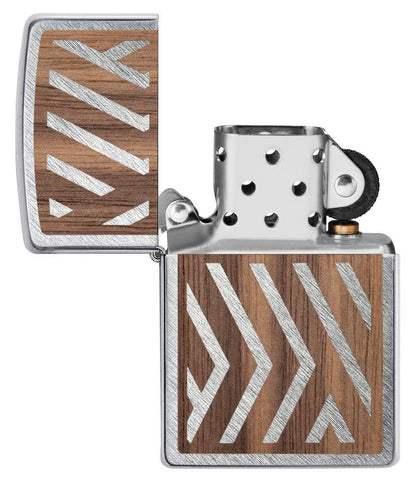 WOODCHUCK USA Herringbone Sweep Windproof Lighter with its lid open and unlit