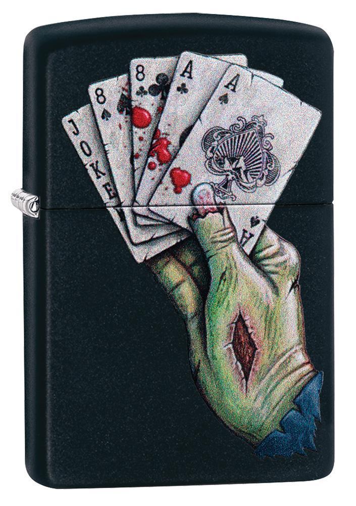 Front view of Dead Mans Hand Design Black Matte Windproof Lighter standing at a 3/4 angle