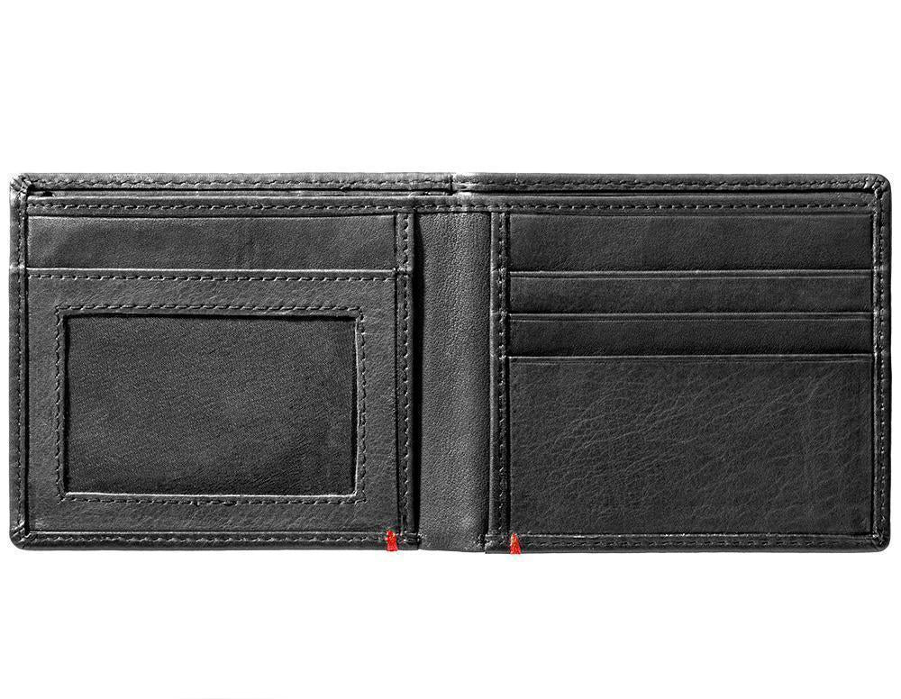 Black Leather Wallet With Zippo Flame Metal Plate Design - ID Window inside empty