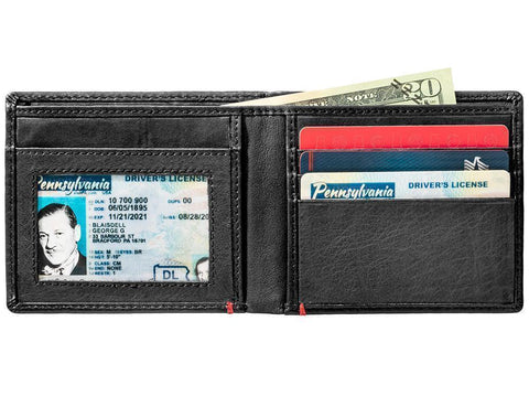 Black Leather Wallet With Spade Plate - ID Window inside full