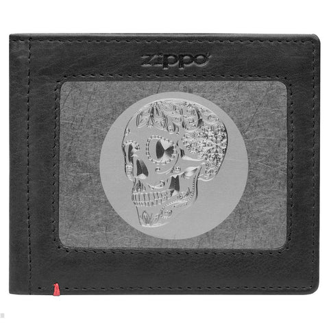 Front of black Leather Wallet With Skull Metal Plate - ID Window