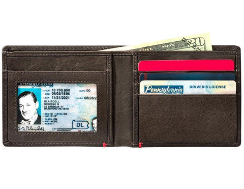 Mocha Leather Wallet With Bass Metal Plate - ID Window inside full