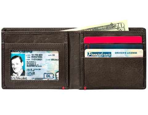 Mocha Leather Wallet With Zippo Flame Metal Plate - ID Window inside full