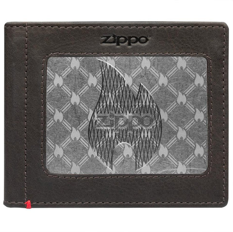 Front of mocha Leather Wallet With Zippo Flame Metal Plate - ID Window