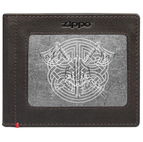 Front of mocha Leather Wallet With Viking Metal Plate - ID Window
