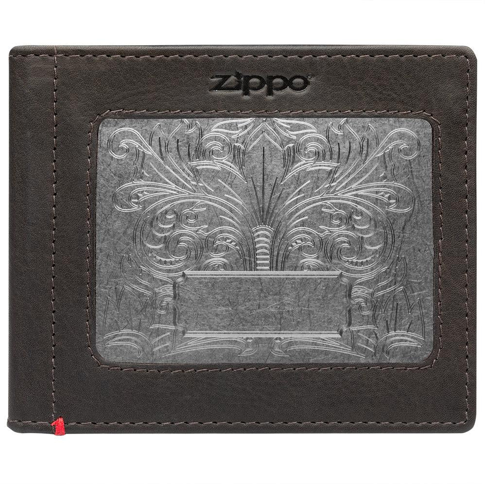 Front of mocha Leather Wallet With Fandango Metal Plate - ID Window