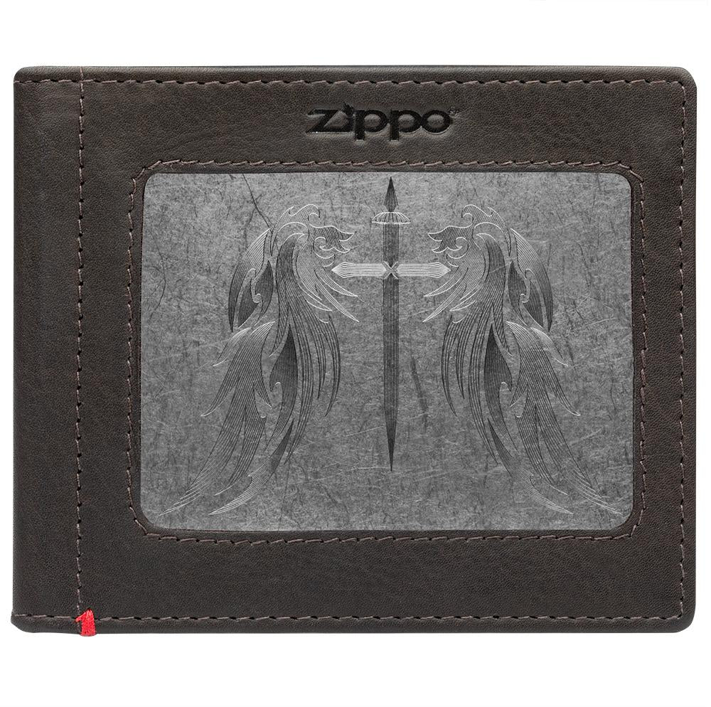 Front of mocha Leather Wallet With Cross Wings Metal Plate - ID Window
