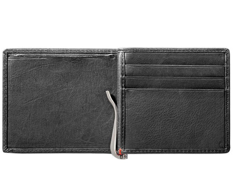 Black Leather Wallet With Cross Wings Metal Plate design money clip inside empty