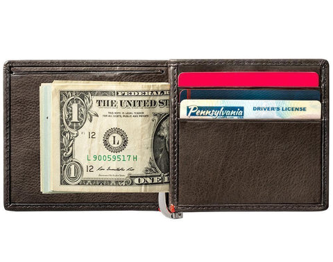 Mocha Leather Wallet With Spade Metal Plate money clip inside full