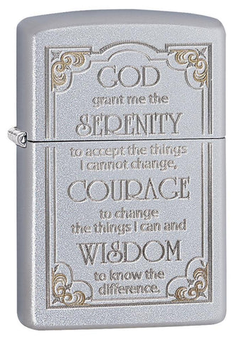 Front shot of Satin Chrome Serenity Prayer Windproof Lighter standing at a 3/4 angle.