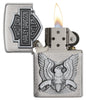 Harley-Davidson Eagle Wings Emblem Brushed Chrome Windproof Lighter open and lit