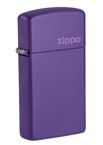 Front of Slim Purple Matte Zippo Logo Windproof Lighter standing at a 3/4 angle