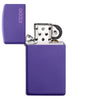 Slim Purple Matte Zippo Logo Windproof Lighter with its lid open and unlit