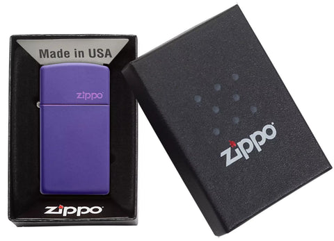 Slim Purple Matte Zippo Logo Windproof Lighter in its packaging