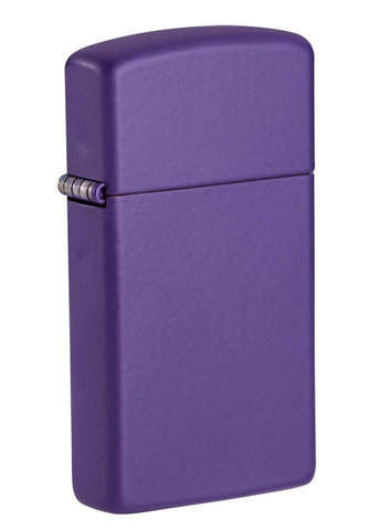 Front shot of Slim Purple Matte Windproof Lighter standing at a 3/4 angle