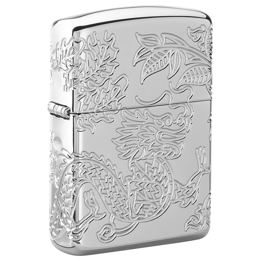 Armor® Dragon and Phoenix Design Windproof Lighter standing at a 3/4 angle