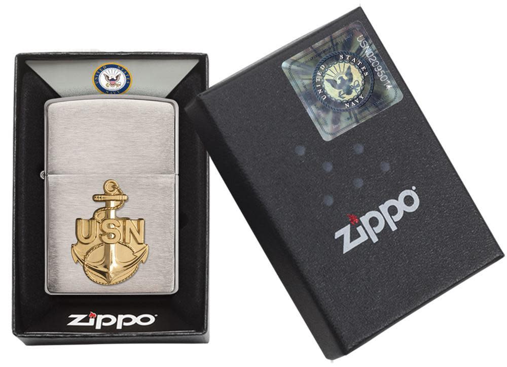 United States Navy Brass Emblem Windproof Lighter in its packaging.