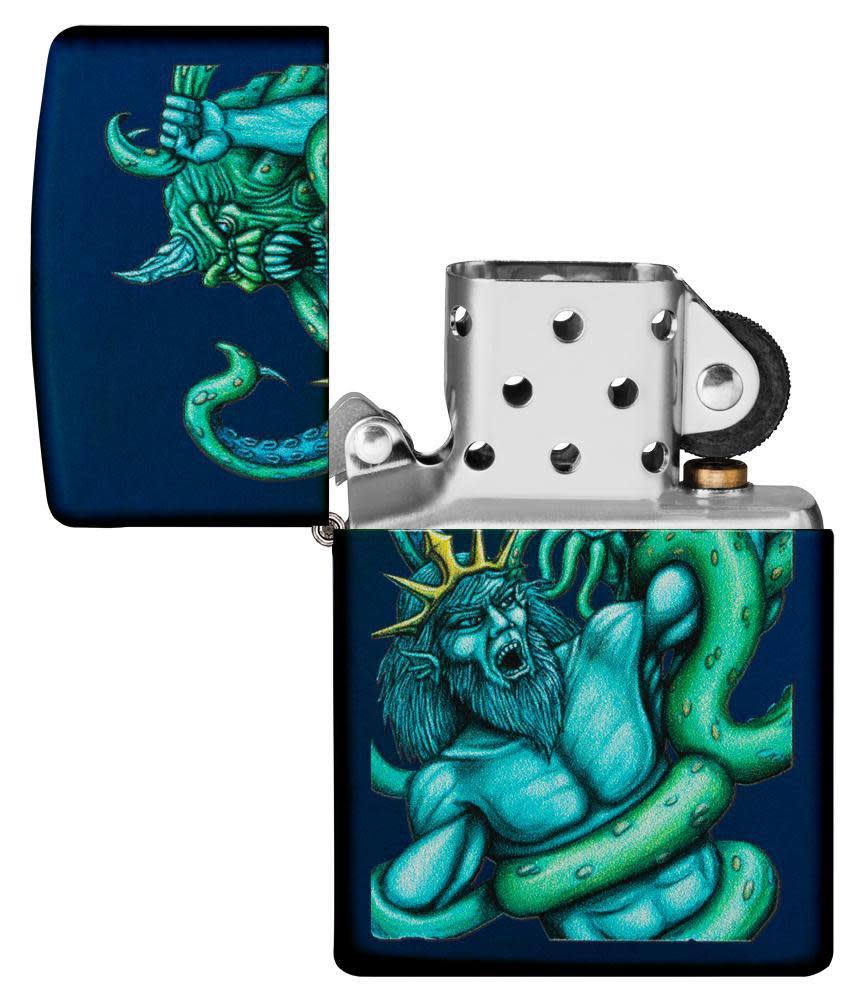 Navy Matte Sea King Design Windproof Lighter with its lid open and unlit