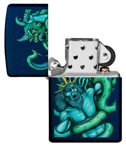 Navy Matte Sea King Design Windproof Lighter with its lid open and unlit