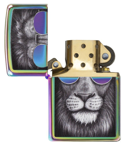 Spectrum Lion in Sunglasses Windproof Lighter with its lid open and unlit