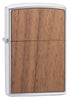 WOODCHUCK-USA-Walnut Brushed Chrome windproof lighter facing forward at a 3/4 angle