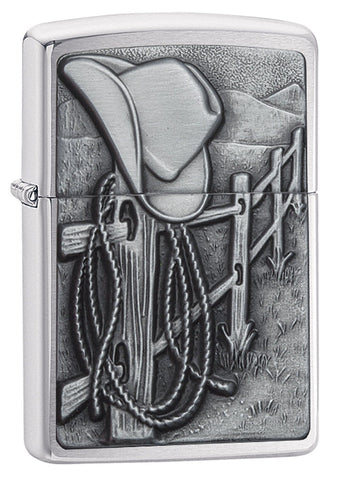 Front shot of Resting Cowboy Windproof Lighter standing at a 3/4 angle.