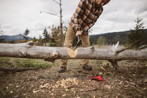 Lifestyle image of man chopping a downed tree with the AxeSaw
