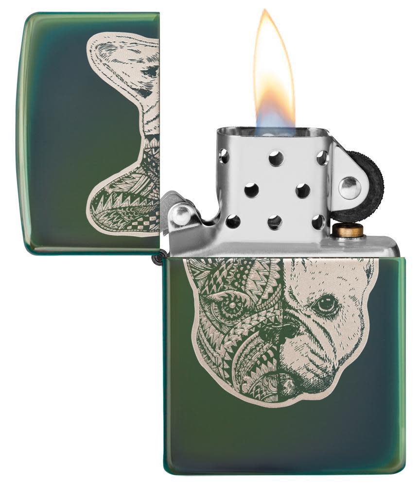 French Bulldog Design High Polish Green Windproof Lighter with its lid open and lit