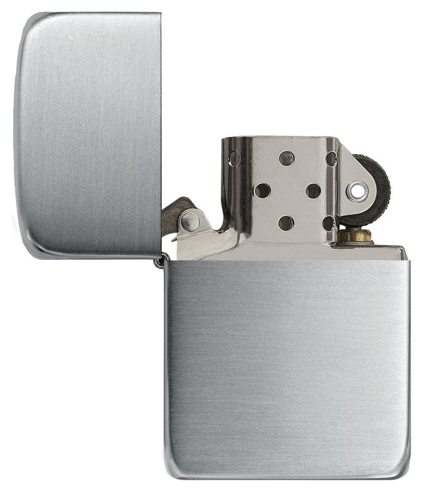 Front view of the Hand Satin Sterling Silver 1941 Replica Lighter open and unlit