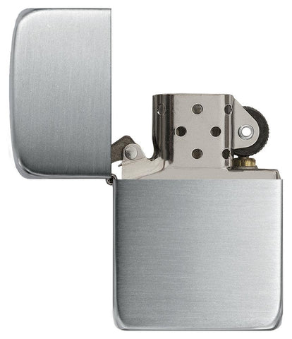 Front view of the Hand Satin Sterling Silver 1941 Replica Lighter open and unlit