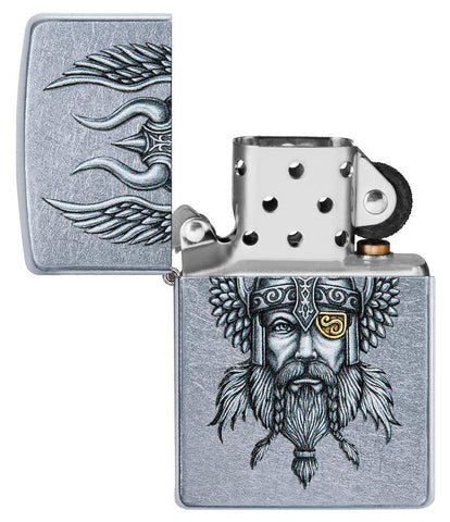 Viking Warrior Design Street Chrome Windproof Lighter with its lid open and unlit