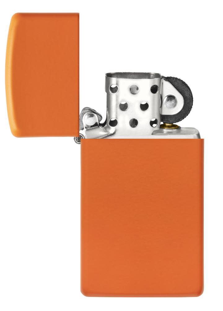 SlimÂ® Orange Matte Windproof Lighter open and unlit