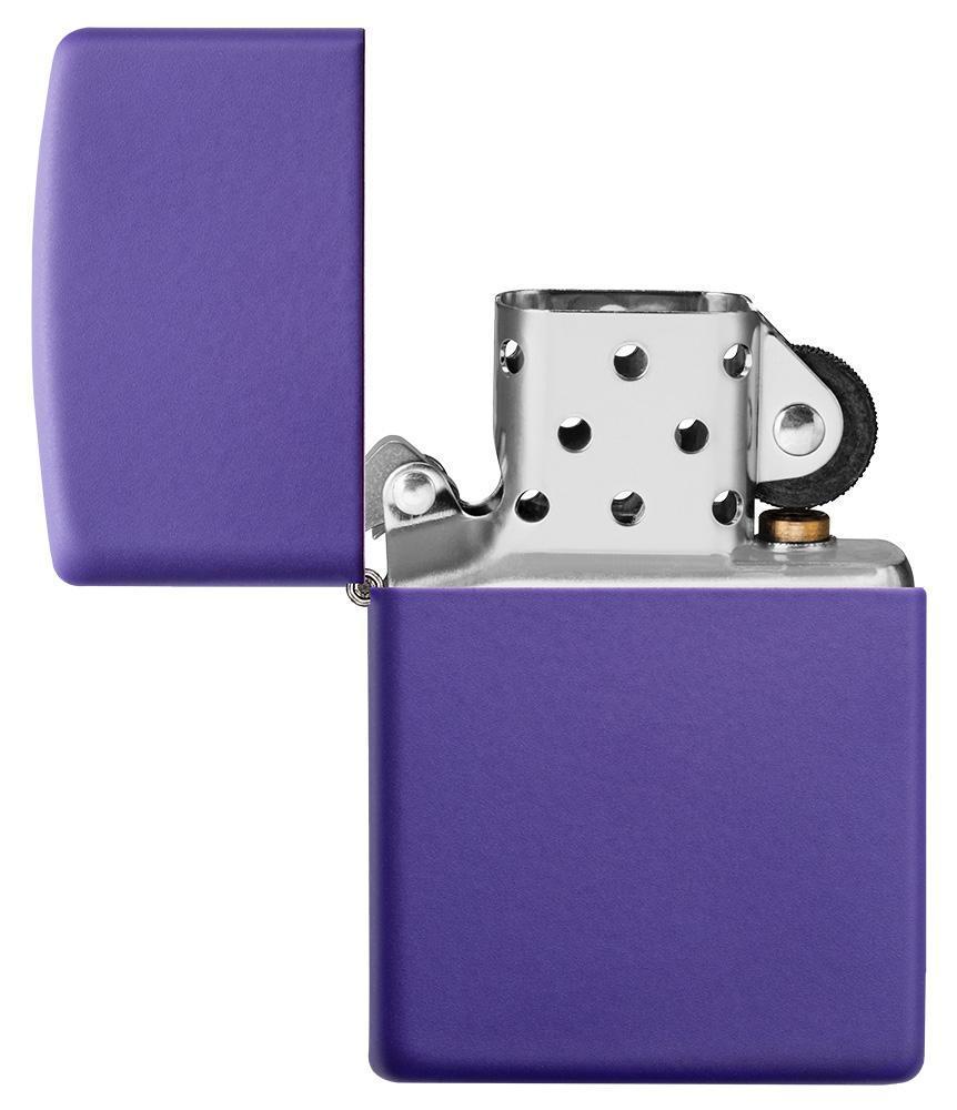 Purple Matte windproof lighter with the lid open and not lit