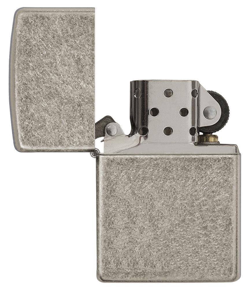Armor®  Antique Silver Plate Windproof Lighter with its lid open and unlit