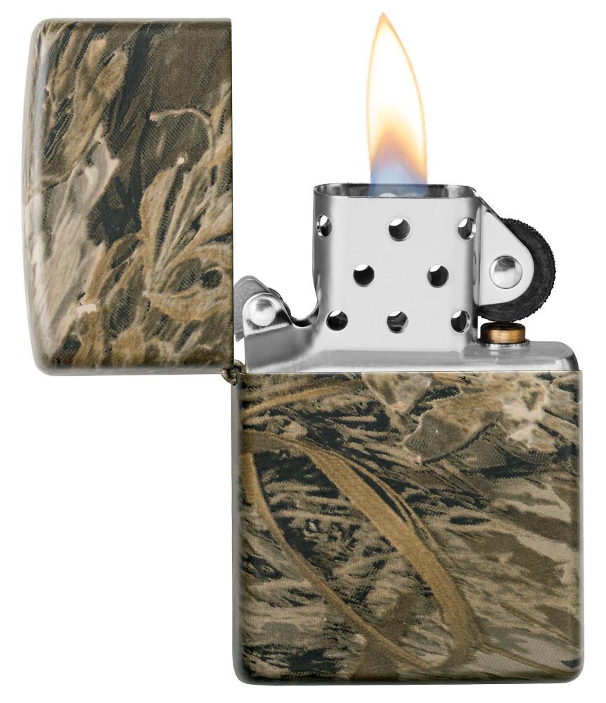 Authentic Zippo Lighter - Realtree Pattern with its lid open and lid 