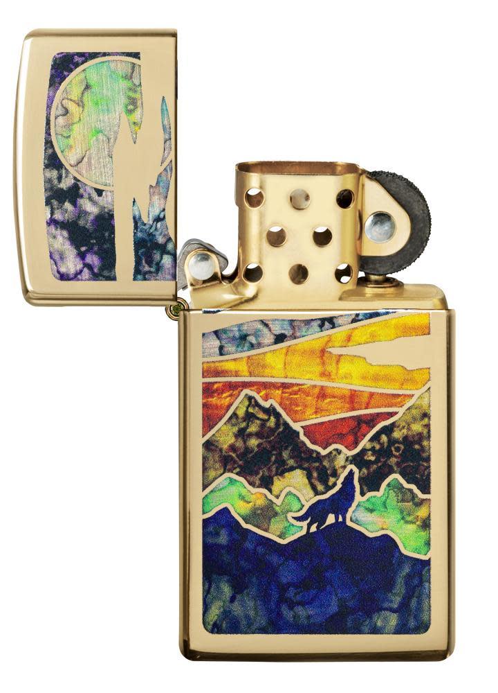SlimÂ® High Polish Brass Howling Wolf with its lid open and unlit