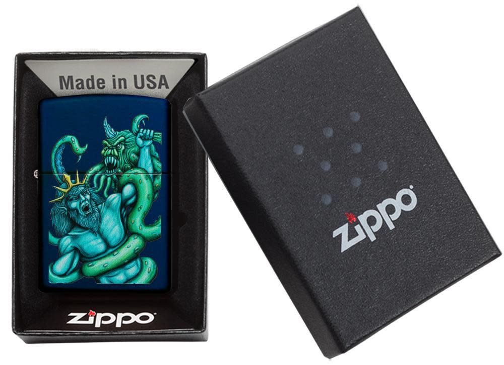 Navy Matte Sea King Design Windproof Lighter lit in hand