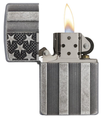 American Flag Armor Antique Silver Plate Windproof Lighter with its lid open and lit