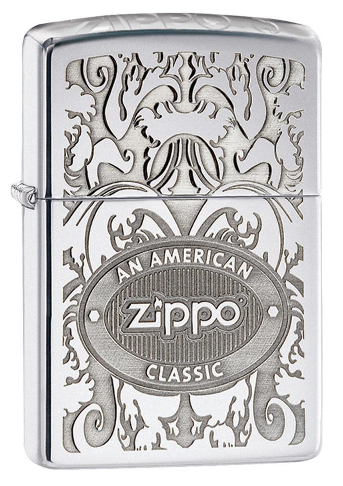 Front shot of Crown Stamp Windproof Lighter standing at a 3/4 angle
