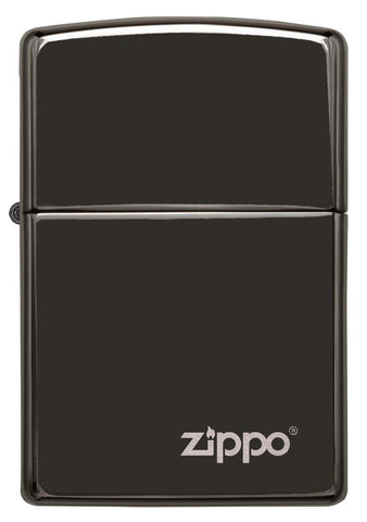 Front shot of Classic High Polish Black Zippo Logo Windproof Lighter.