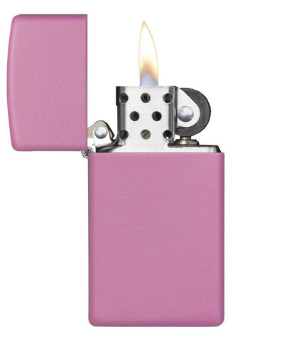 Front view of the Slim Case with Pink Matte Finish Lighter open and lit.