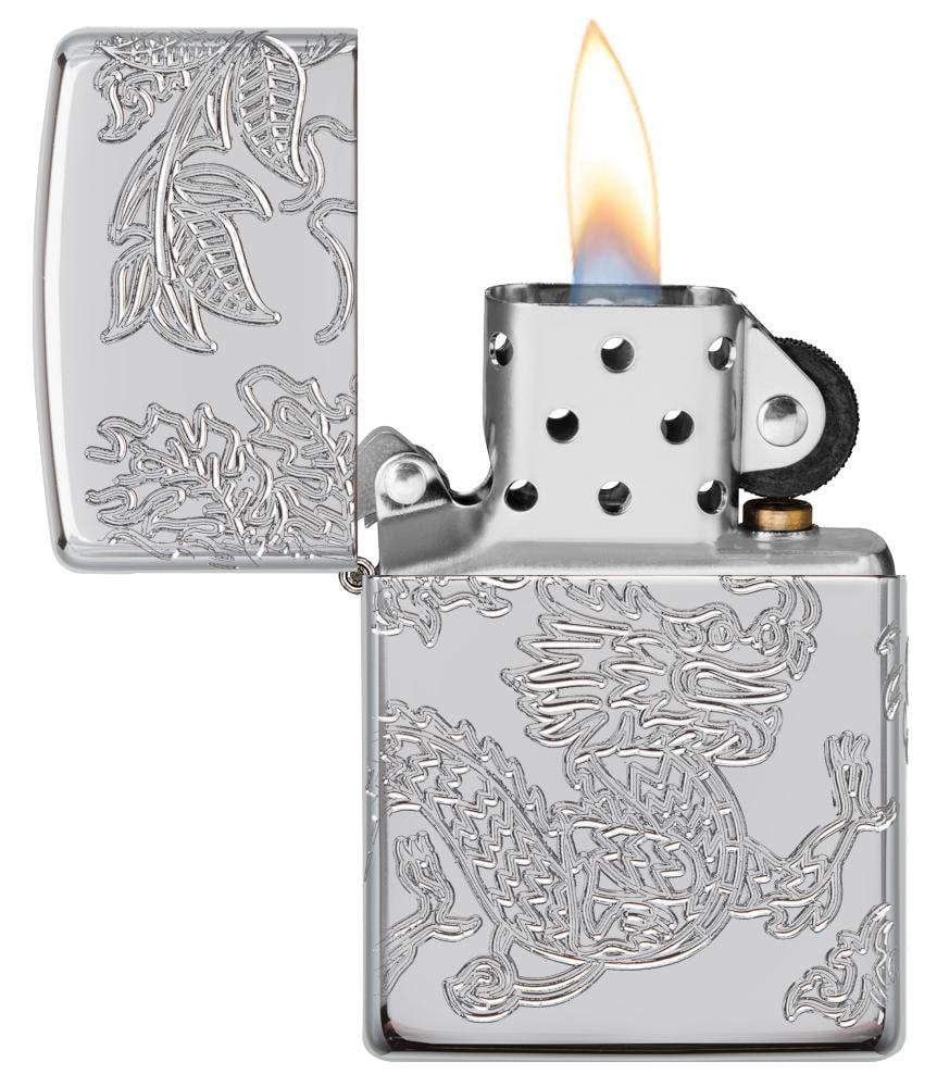 ArmorÂ® Dragon and Phoenix Design Windproof Lighter with its lid open and lit