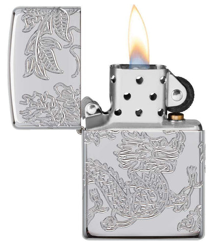 Armor® Dragon and Phoenix Design Windproof Lighter with its lid open and lit