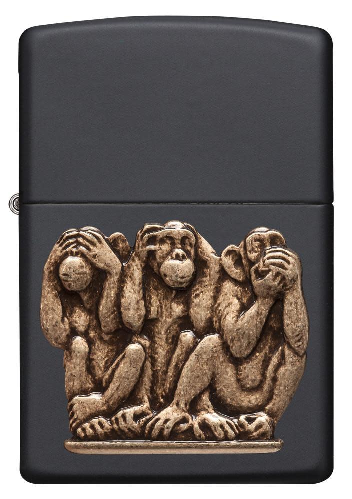 Front shot of Three Monkeys Black Matte Windproof Lighter.