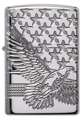 Front view of Patriotic Design High Polish Chrome Windproof Lighter