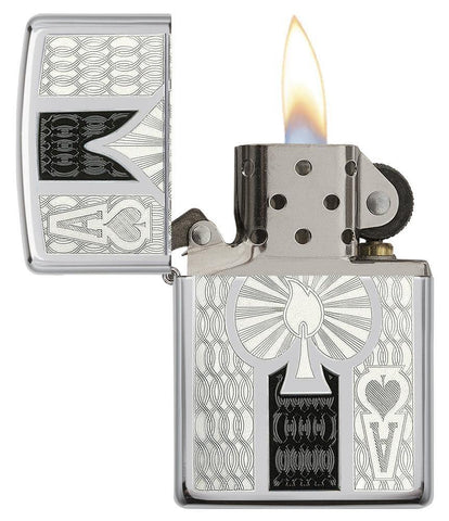 Intricate Ace of Spades High Polish Chrome Windproof Lighter open and lit