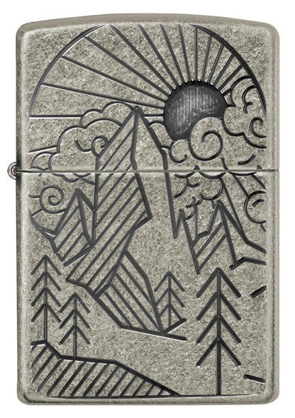 Front view of ArmorÂ® Antique Silver Mountain Design Windproof Lighter