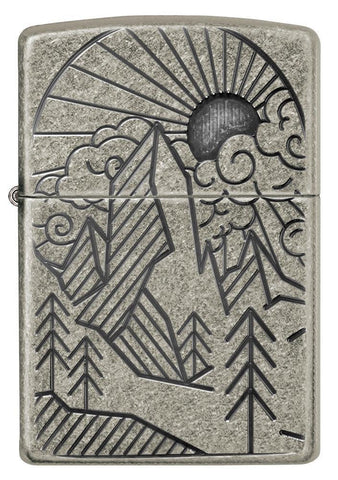 Front view of Armor® Antique Silver Mountain Design Windproof Lighter