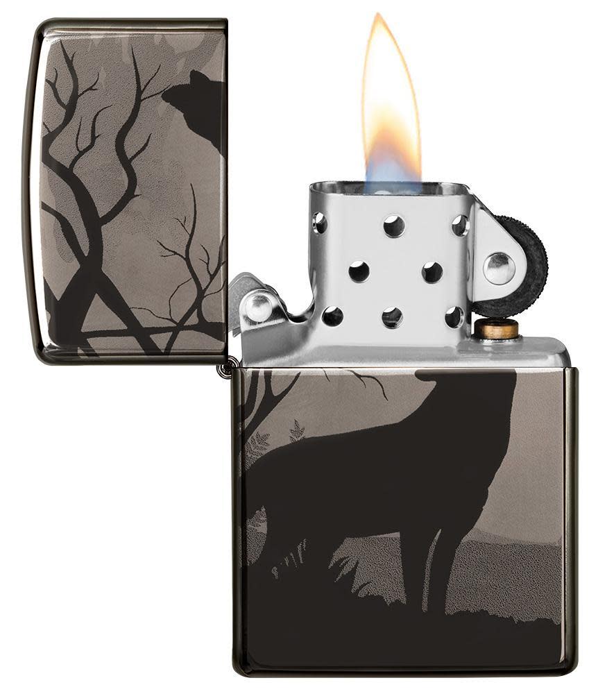 Wolves Design Photo Image 360Â° Black Ice Windproof Lighter with its lid open and lit